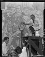 Dean Cornwell and assistants painting a mural below the rotunda at the Los Angeles Central Library, Los Angeles, 1932
