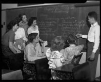 Students at blackboard at John Burroughs Junior High School, Los Angeles, 1944