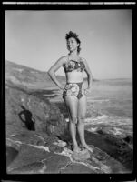 Leonora Preston posing at the beach, Santa Monica, 1951
