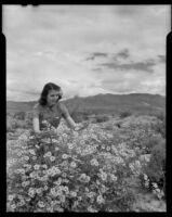 Marcella reaching into a bank of wildflowers at 1000 Palms Ranch, Thousand Palms vicinity, 1939