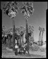 Paul P. Wilhelm with 2 boys and a donkey in a palm grove at 1000 Palms Ranch, Thousand palms vicinity, 1939