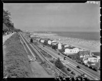 Bird's-eye view of Santa Monica Beach and the Pacific Coast Highway, circa 1946
