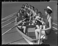 Santa Monica College Women's Row-A-Way Club in boat on beach, Santa Monica, 1935