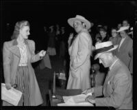 Linda Ware and Leo Carrillo with event announcer, Will Rogers Memorial Celebration, Santa Monica, 1940