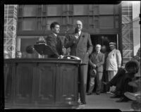 Santa Monica City Hall dedication, Mayor Edmond S. Gillette speaking, Santa Monica, 1939