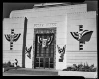 Santa Monica City Hall, facade, decorated for dedication, Santa Monica, 1939