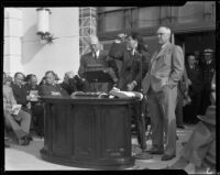 Santa Monica City Hall dedication with Mayor Edmond S. Gillette and two other men, Santa Monica, 1939