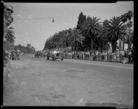 Santa Monica Road Races revival, two cars and crowd, Santa Monica, 1950