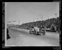 Santa Monica Road Races, car and crowd, Santa Monica, 1911-1914, rephotographed 1950