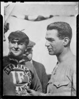 Santa Monica Road Races, Harry Grant and 3 men, Santa Monica, 1911-1914, rephotographed 1950