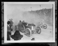 Santa Monica Road Races, two cars and crowd, Santa Monica, 1911-1914, rephotographed 1950