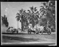 Santa Monica Road Races, two cars in motion, Santa Monica, 1911-1914, rephotographed 1950
