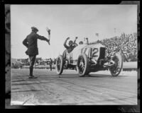 Santa Monica Road Races, car number 12 crossing finish line, Santa Monica, 1911-1914, rephotographed 1950