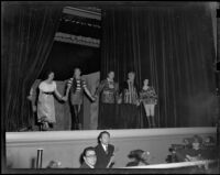 "Rigoletto" production curtain call with Ray Gagan, Enrico Porta, Natalie Garrotto and others, John Adams Auditorium, Santa Monica, 1949