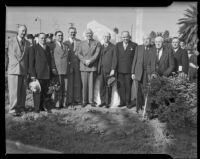 Officials standing in front of the Cabrillo Monument during the Cabrillo Day ceremony at Palisades Park, Santa Monica, 1942