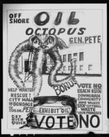 Political cartoon featuring an "off shore oil octopus," commentary on Santa Monica Bay drilling, 1954
