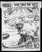Political cartoon featuring the “General Pete Monkey Circus,” commentary on Santa Monica Bay drilling, 1954