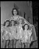 Doris Rizzo (probably) and 4 little girls in costume for "Vacation Travel Memories," Santa Monica, 1956