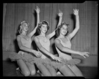 Alicia Mowat, Judy Mahood and Carolyn Crane, ballet students, in costume, 1956