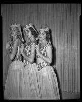 Alicia Mowat, Judy Mahood, and Carolyn Crane, ballet students, in costume, 1956