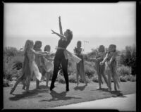 Ballet students of Julia Stuart in costume at a park, Santa Monica, 1956