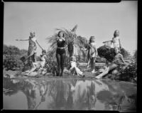 Ballet students of Julia Stuart in costume at a park pond, Santa Monica, 1956