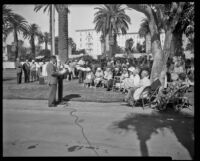 Speaker addressing an audience at Palisades Park, Santa Monica, early 1960s