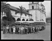 Sightseers and tour busses in front of the Santa Barbara Mission, Santa Barbara, 1940