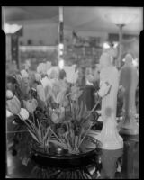 Virgin Mary statuette and tulips on display at California Flowerland nursery, Los Angeles, 1940-1965