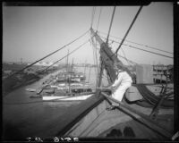 Carolyn Bartlett at the ship’s prow, Long Beach Harbor, Long Beach, 1930
