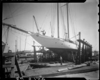 Ship at Long Beach Harbor shipyard, Long Beach, 1930