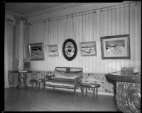 Room with paintings in an American naive style by Jane Wooster Scott at the Windemere Hotel, Santa Monica, 1954