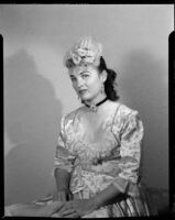 June Moss, opera singer, in costume, Santa Monica, 1952