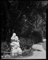 Sculpture of a woman and girl along a path, Long Beach, 1940