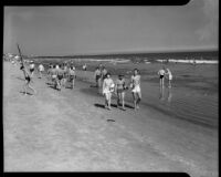 Beachgoers walking along the shoreline, Long Beach, 1940