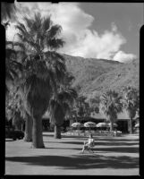 Helen Willard in a director's chair on a lawn at the La Paz Guest Ranch, Palm Springs, 1941
