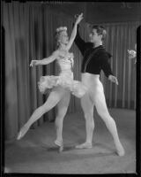 Male and female ballet students of the Elena Vartova dance school posing in costume, (Santa Monica?), circa 1951