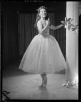 Ballet student of the Elena Vartova dance school posing in costume, (Santa Monica?), circa 1951