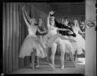 Six ballet students of the Elena Vartova dance school posing in costume, (Santa Monica?), circa 1951