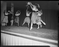 Five ballet students of the Elena Vartova dance school performing on stage, (Santa Monica?), circa 1951