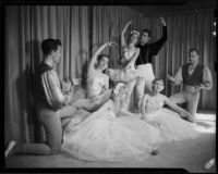Seven ballet students of the Elena Vartova dance school posing in costume, (Santa Monica?), circa 1951
