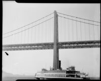 Southern Pacific ferry passing the Bay Bridge, San Franciso, 1930s