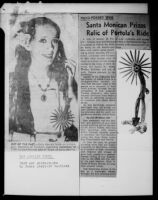 Newspaper article with a photograph of Betty Herrick holding an antique spur, 1953