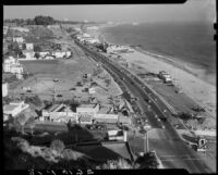 View from Pacific Palisades of the outlet of Santa Monica Canyon at Will Rogers State Beach, Los Angeles, circa 1935