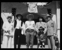Mayor Edmond Gillette with Philip T. Hill, Irvin S. Cobb and others on the City Hall steps during the California Admission Day celebration, Santa Monica, 1937