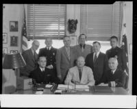 Mayor Edmond Gillette celebrating California Admission Day in his office with others, Santa Monica, 1937