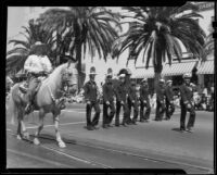 Mayor Edmond Gillette on horseback and military men in the California Admission Day Parade, Santa Monica, 1937