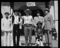 Mayor Edmond Gillette with Philip T. Hill, Irvin S. Cobb and others on the City Hall steps during the California Admission Day celebration, Santa Monica, 1937