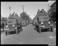 Procession of Army artillery trucks and gunners at the Armistice Day parade, Santa Monica, 1938