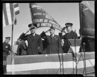 Colonel Robert A. Bringham saluting along with two other veterans at the Armistice Day parade, Santa Monica, 1938